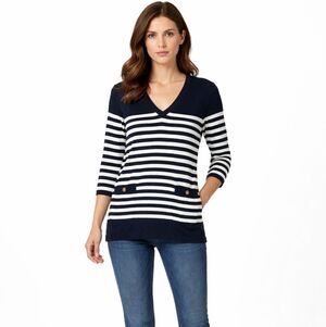 Lauren Ralph Lauren Navy White Breton Stripe Nautical V Neck Gold Anchor M